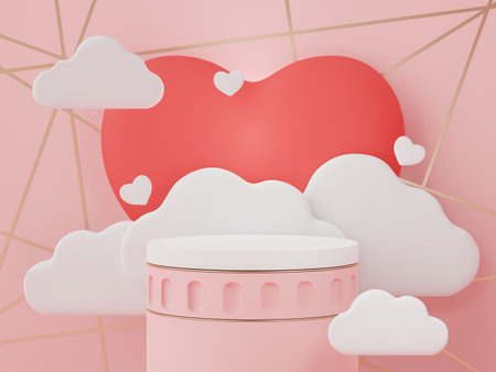 3d rendering of minimal scene of blank podium with Valentine's Day theme. Display stand for product presentation mock up. Cylinder stage in sweet lovely pink color with simple design. Sweet backgroundの写真素材