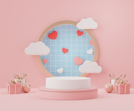 3d rendering of minimal scene of blank podium with Valentine's Day theme. Display stand for product presentation mock up. Cylinder stage in sweet lovely pink color with simple design. Sweet backgroundの写真素材