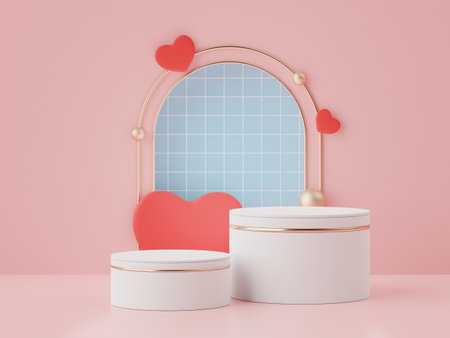 3d rendering of minimal scene of blank podium with Valentine's Day theme. Display stand for product presentation mock up. Cylinder stage in sweet lovely pink color with simple design. Sweet backgroundの写真素材