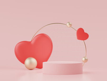 3d rendering of minimal scene of blank podium with Valentine's Day theme. Display stand for product presentation mock up. Cylinder stage in sweet lovely pink color with simple design. Sweet backgroundの写真素材