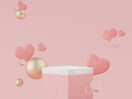 3d rendering of minimal scene of blank podium with Valentine's Day theme. Display stand for product presentation mock up. Cylinder stage in sweet lovely pink color with simple design. Sweet backgroundの写真素材