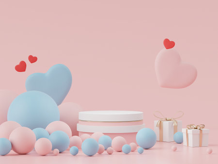 3d rendering of minimal scene of blank podium with Valentine's Day theme. Display stand for product presentation mock up. Cylinder stage in sweet lovely pink color with simple design. Sweet backgroundの写真素材