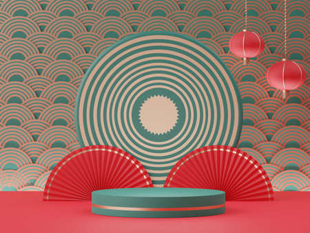 3d rendering of minimal scene of blank podium with Chinese lunar new year theme. Display stand for product presentation mock up. Cylinder stage in Chinese traditional texture with simple design.の写真素材