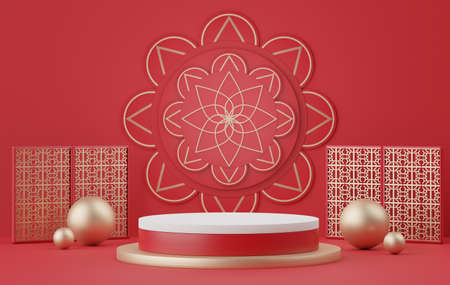 3d abstract minimal geometric forms. Glossy luxury podium for your design. Pastel color scene for show product. Fashion show shopfront. Chinese traditional texture. Chinese lunar new year theme.の写真素材