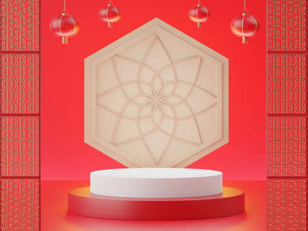 3d abstract minimal geometric forms. Glossy luxury podium for your design. Pastel color scene for show product. Fashion show shopfront. Chinese traditional texture. Chinese lunar new year theme.の写真素材