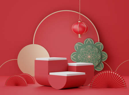 3d abstract minimal geometric forms. Glossy luxury podium for your design. Pastel color scene for show product. Fashion show shopfront. Chinese traditional texture. Chinese lunar new year theme.の写真素材