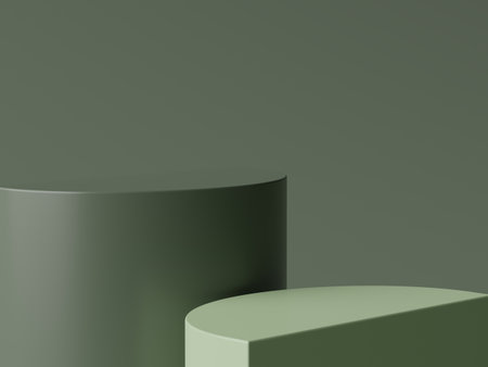 3d rendering of minimal scene of white blank podium with earth tones color theme. Display stand for product presentation mock up and cosmetic advertising. Cylinder stage in ornament simple design.の写真素材