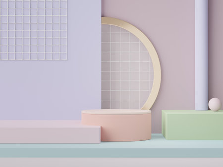 3d rendering of minimal scene of white blank podium with earth tones color theme. Display stand for product presentation mock up and cosmetic advertising. Cylinder stage in ornament simple design.の写真素材
