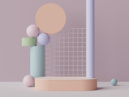 3d rendering of minimal scene of white blank podium with earth tones color theme. Display stand for product presentation mock up and cosmetic advertising. Cylinder stage in ornament simple design.の写真素材