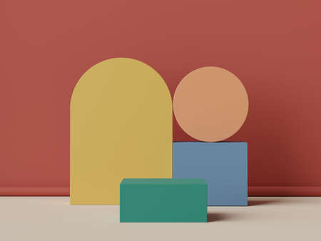 3d rendering of minimal scene of white blank podium with earth tones color theme. Display stand for product presentation mock up and cosmetic advertising. Cylinder stage in ornament simple design.の写真素材