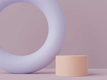 3d rendering of minimal scene of white blank podium with earth tones color theme. Display stand for product presentation mock up and cosmetic advertising. Cylinder stage in ornament simple design.の写真素材