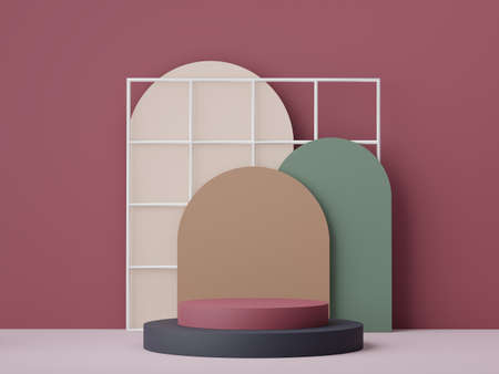3d rendering of pastel minimal scene of white blank podium with earth tones theme. Muted saturated color. Simple geometric shapes design. Modern display for product mock up and presentation.の写真素材