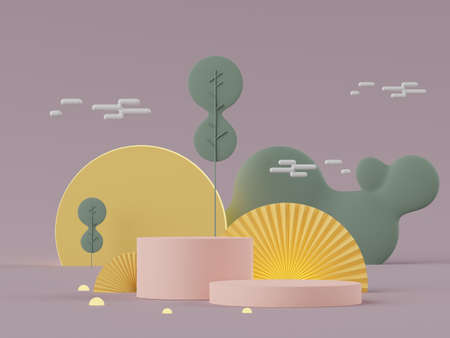 3d rendering of pastel minimal scene of white blank podium with earth tones theme. Muted saturated color. Simple geometric shapes design. Modern display for product mock up and presentation.の写真素材