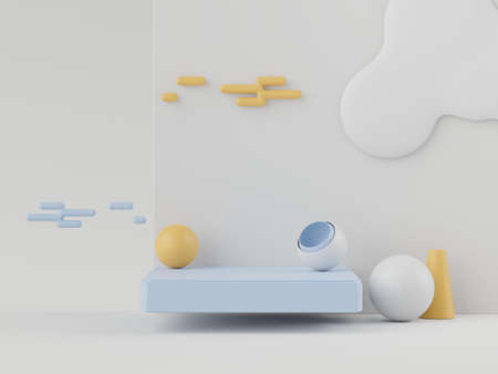 3d rendering of pastel minimal scene of white blank podium with earth tones theme. Muted saturated color. Simple geometric shapes design. Modern display for product mock up and presentation.の写真素材