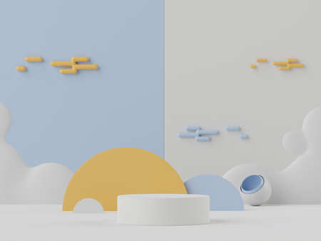 3d rendering of pastel minimal scene of white blank podium with earth tones theme. Muted saturated color. Simple geometric shapes design. Modern display for product mock up and presentation.の写真素材