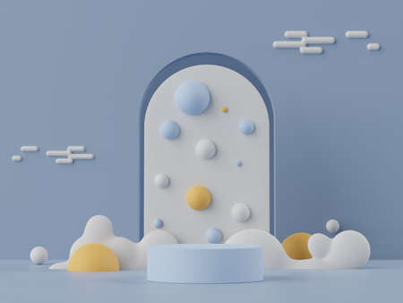 3d rendering of pastel minimal scene of white blank podium with earth tones theme. Muted saturated color. Simple geometric shapes design. Modern display for product mock up and presentation.の写真素材