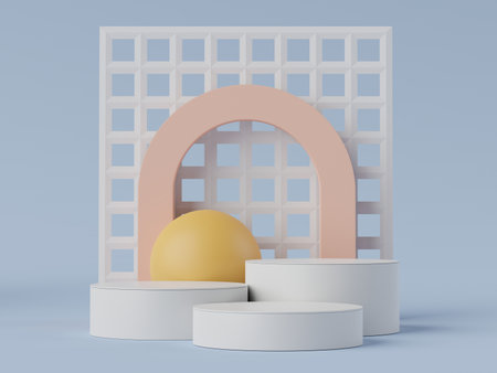 3d rendering of pastel minimal scene of white blank podium with earth tones theme. Muted saturated color. Simple geometric shapes design. Modern display for product mock up and presentation.の写真素材