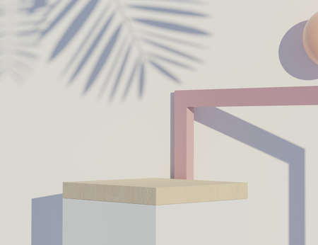 3d rendering of pastel minimal scene of white blank podium with earth tones theme. Muted saturated color. Simple geometric shapes design. Modern display for product mock up and presentation.の写真素材