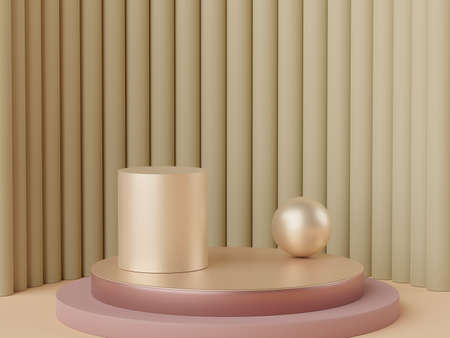 3d rendering of pastel minimal scene of white blank podium with earth tones theme. Muted saturated color. Simple geometric shapes design. Modern display for product mock up and presentation.の写真素材