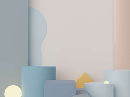 3d rendering of pastel minimal scene of white blank podium with earth tones theme. Muted saturated color. Simple geometric shapes design. Modern display for product mock up and presentation.の写真素材
