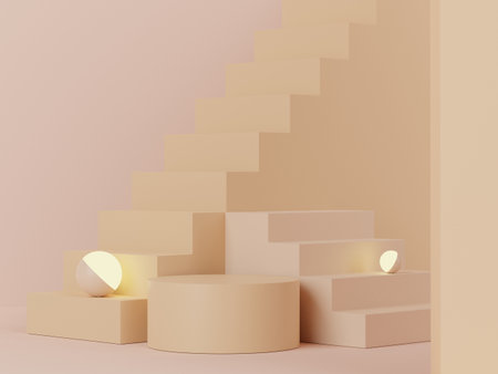 3d rendering of pastel minimal scene of white blank podium with earth tones theme. Muted saturated color. Simple geometric shapes design. Modern display for product mock up and presentation.の写真素材