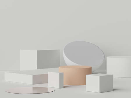 3d rendering of pastel minimal scene of white blank podium with earth tones theme. Muted saturated color. Simple geometric shapes design. Modern display for product mock up and presentation.の写真素材