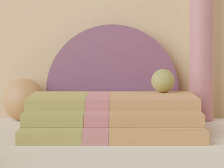 3d rendering of minimal scene of white blank podium with earth tones color theme. Display stand for product presentation mock up and cosmetic advertising. Cylinder stage in ornament simple design.の写真素材