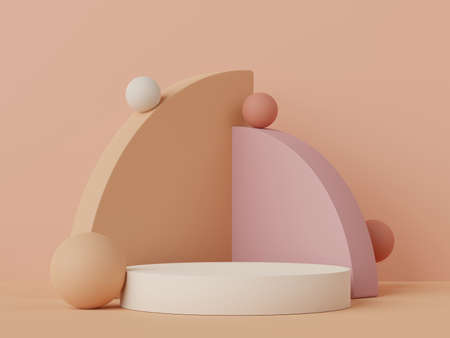 3d rendering of minimal scene of white blank podium with earth tones color theme. Display stand for product presentation mock up and cosmetic advertising. Cylinder stage in ornament simple design.の写真素材