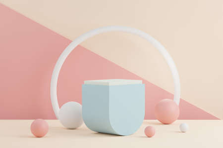 3d rendering of pastel minimal scene of white blank podium with earth tones theme. Muted saturated...