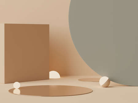 3d rendering of pastel minimal scene of white blank podium with earth tones theme. Muted saturated...