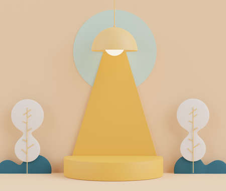 3d rendering of minimal scene of white blank podium with earth tones color theme. Display stand for product presentation mock up and cosmetic advertising. Cylinder stage in ornament simple design.の写真素材