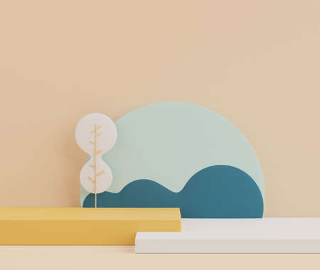 3d rendering of minimal scene of white blank podium with earth tones color theme. Display stand for product presentation mock up and cosmetic advertising. Cylinder stage in ornament simple design.の写真素材