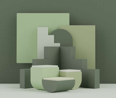 3d rendering of minimal scene of white blank podium with earth tones color theme. Display stand for product presentation mock up and cosmetic advertising. Cylinder stage in ornament simple design.の写真素材