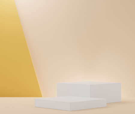 3d rendering of minimal scene of white blank podium with earth tones color theme. Display stand for product presentation mock up and cosmetic advertising. Cylinder stage in ornament simple design.の写真素材