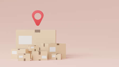 3d render of brown cardboard boxes parcel for mock up and creative design. Shopping online concept. Online delivery concept with pastel background. Packaging for express transportation service.の写真素材