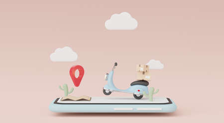 3d render Minimal mini mobile phone or smartphone for work with white copy space for mock up and creative design. Shopping online concept. Online mini Scooter parcel delivery on pastel background.の写真素材