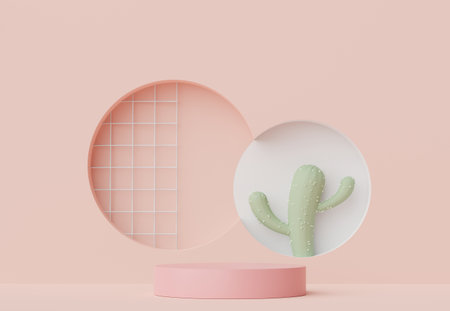 3d render of Abstract minimal  display podium for showing products, cosmetic presentation and mock up with Cactus trees. Showcase scene with pastel earth tone color.の写真素材