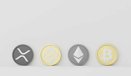 3d render stack of cryptocurrencies Bitcoin, Ethereum, Binance and Ripple coins. Cryptocurrency...
