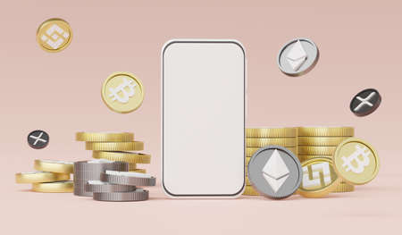 3d render Minimal mini mobile phone or smartphone for work with white copy space and cryptocurrency bitcoin, ethereum, binance and ripple coins for mock up and web banner. Defi crypto concept.の写真素材