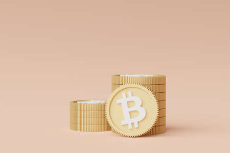 3d render stack of cryptocurrency Bitcoin. Cryptocurrency digital currency concept. New virtual money exchange in blockchain.の写真素材