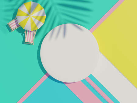 3d render top view of white blank cylinder frame for mock up and display products with shadows of palm leaves with summer background. Creative idea concept.の写真素材