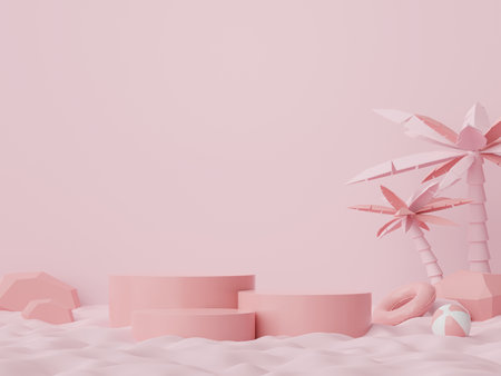 3d render of Abstract minimal  display podium for showing products or cosmetic presentation with summer beach scene. Summer time season for vacation concept.の写真素材