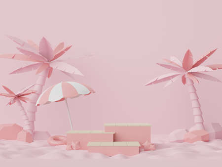 3d render of Abstract minimal  display podium for showing products or cosmetic presentation with summer beach scene. Summer time season for vacation concept.の写真素材