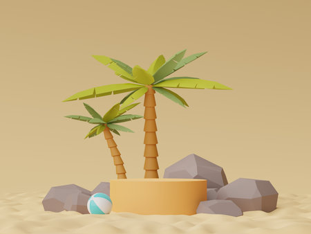 3d render of Abstract minimal  display podium for showing products or cosmetic presentation with summer beach scene. Summer time season for vacation concept.の写真素材