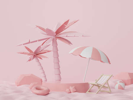 3d render of Abstract minimal  display podium for showing products or cosmetic presentation with summer beach scene. Summer time season for vacation concept.の写真素材
