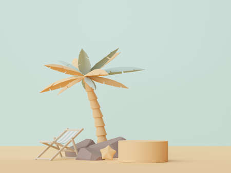 3d render of Abstract minimal  display podium for showing products or cosmetic presentation with summer beach scene. Summer time season for vacation concept.の写真素材