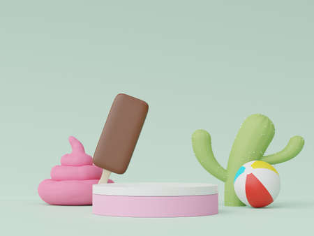 3d render of Abstract minimal  display podium for showing products or cosmetic presentation with summer beach scene. Summer time season for vacation concept.の写真素材