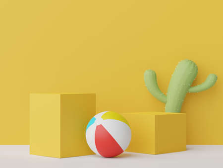 3d render of Abstract minimal  display podium for showing products or cosmetic presentation with summer beach scene. Summer time season for vacation concept.の写真素材