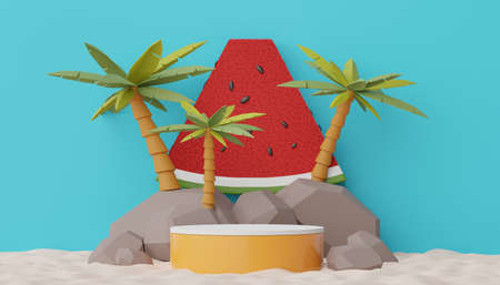 3d render of Abstract minimal  display podium for showing products or cosmetic presentation with summer beach scene. Summer time season for vacation concept.の写真素材