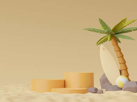 3d render of Abstract minimal  display podium for showing products or cosmetic presentation with summer beach scene. Summer time season for vacation concept.の写真素材
